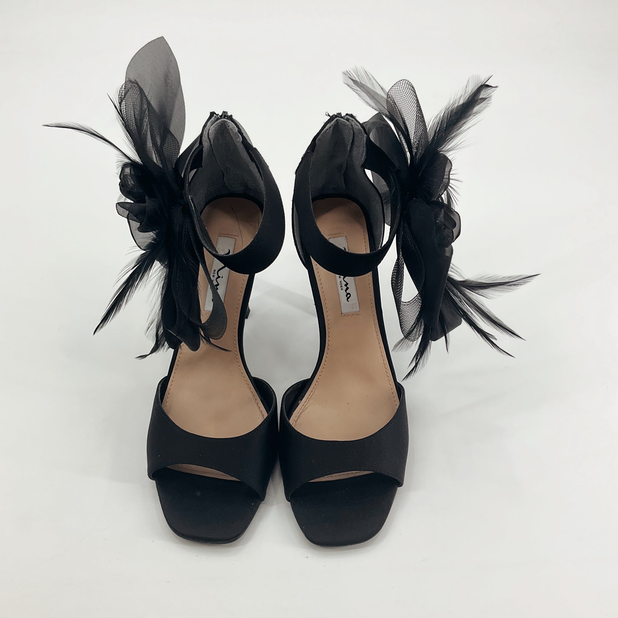 Sorella New York Kylie Feather Peep Toe Stiletto Heels Black Size 8