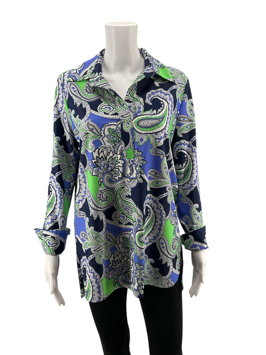 Jude Connally Trixie Tunic Top M Blue Green Paisley Roll Tab Sleeve Pre-Owned