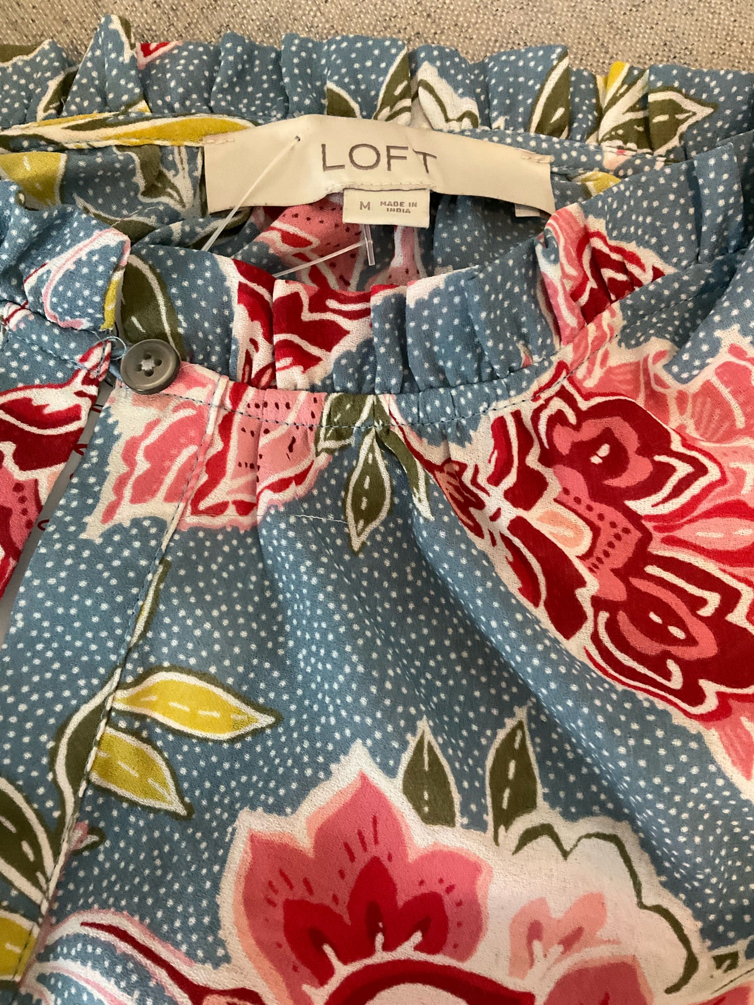 LOFT Blue/White/Mauve Long Sleeve Floral Dot Ruffle Trim Peasant Blouse Blue White Medium - Size M