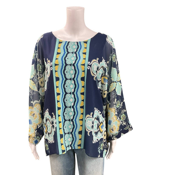 Colleen Lopez Navy/Aqua Print Pre-Owned Ladies Top - Size Medium - Margaret’s Fine Consignment