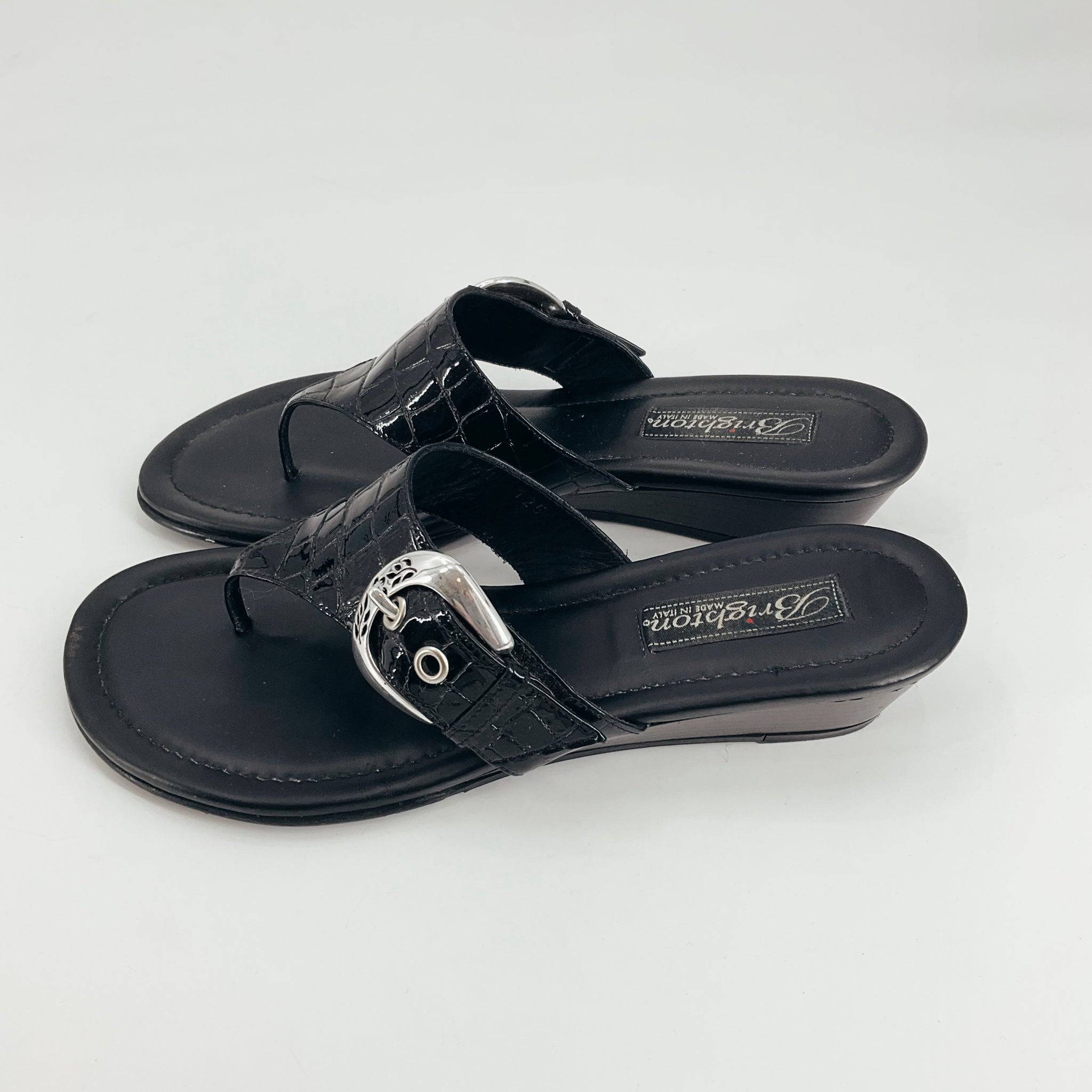 Brighton Flip Flop Sandals Size 7.5 with black faux crocodile straps and silver buckle detail, gently used and stylish for casual wear.
