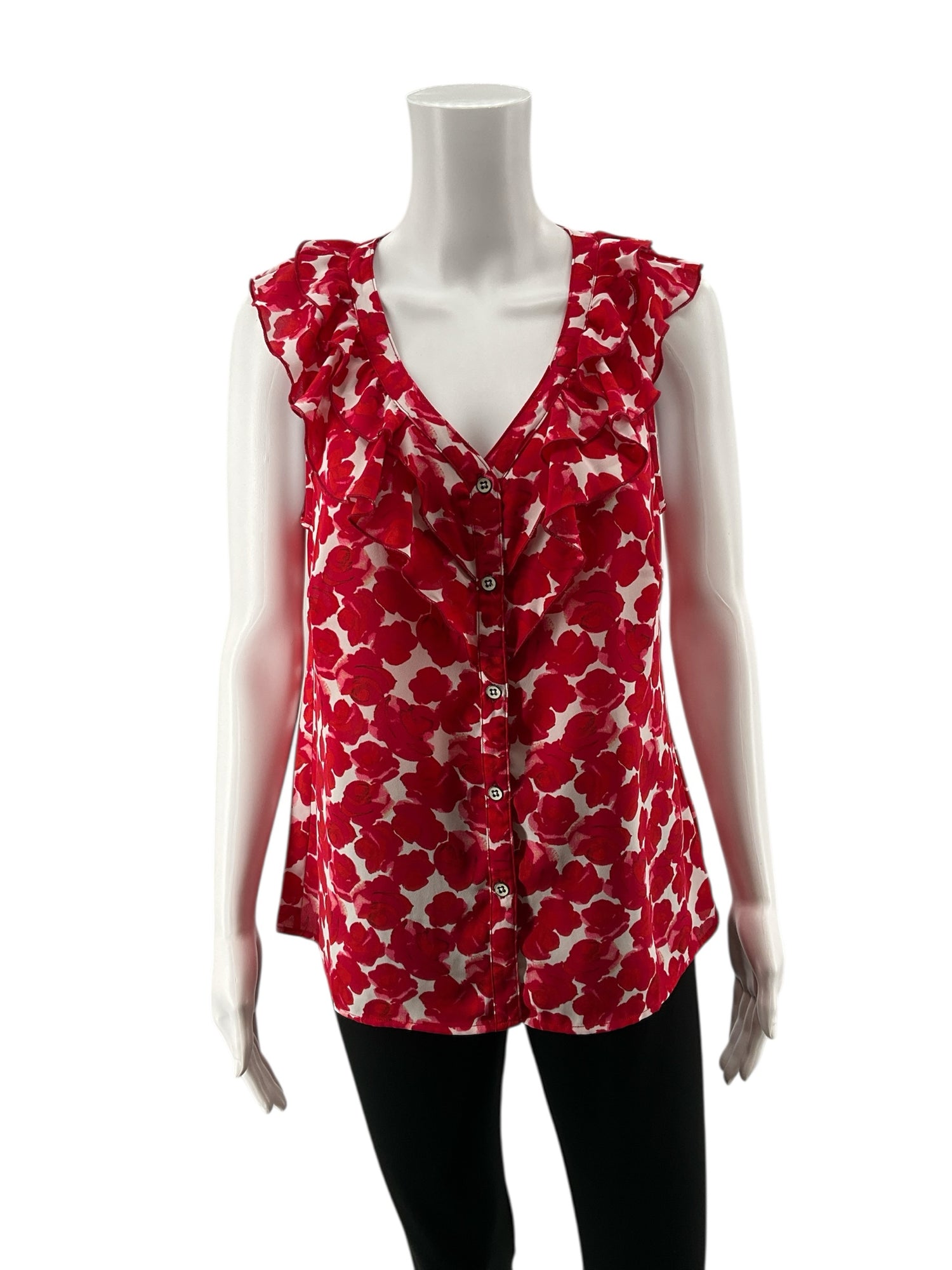 cabi White/Red Sleeveless Rose Top Floral Ruffle V-Neck Sleeveless Blouse Size Small - Size S
