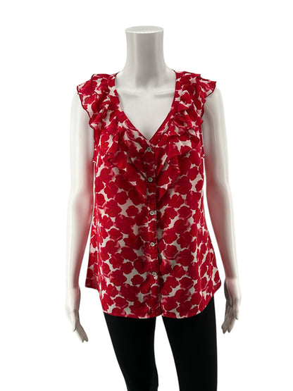 cabi White/Red Sleeveless Rose Top Floral Ruffle V-Neck Sleeveless Blouse Size Small - Size S