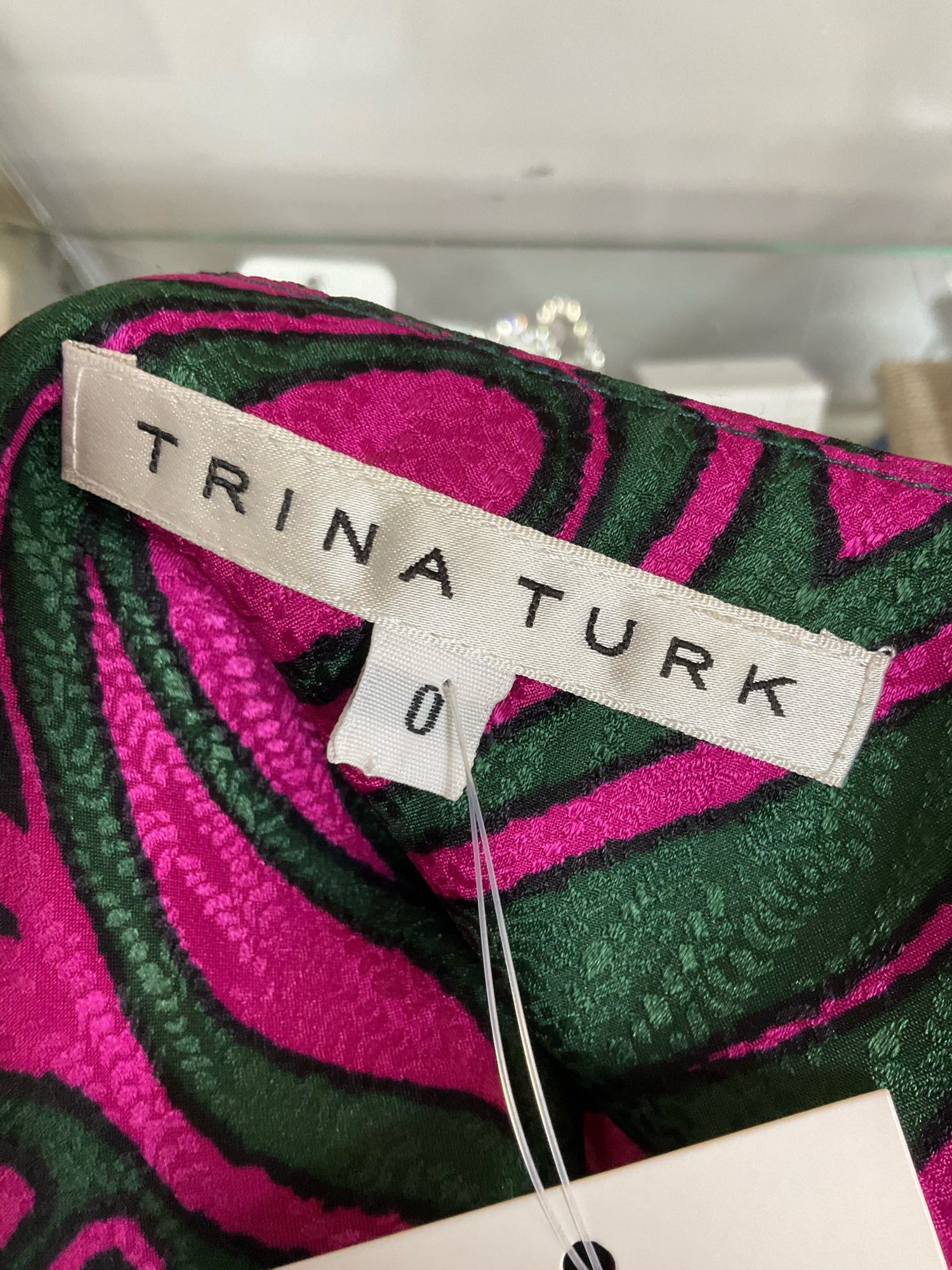 Trina Turk Jacquard Swirl Print 100% Silk Mini Dress Fuchsia Green Size 0