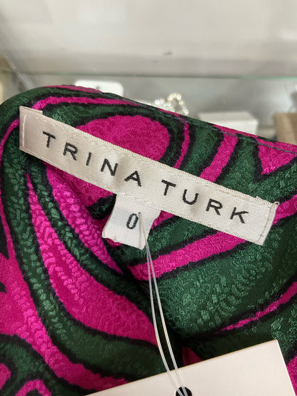 Trina Turk Jacquard Swirl Print 100% Silk Mini Dress Fuchsia Green Size 0