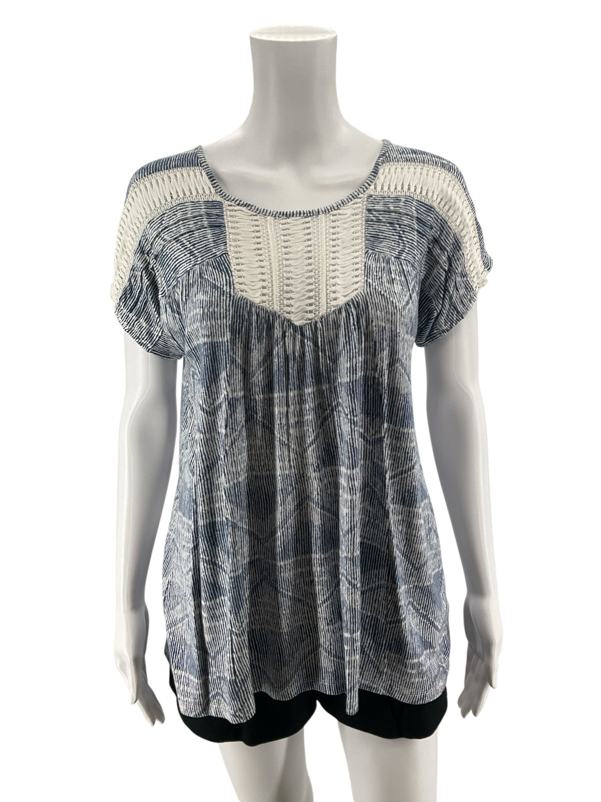 THML Blue &amp; White Crochet Yoke Abstract Print Top | Size Small - ONLINE ONLY