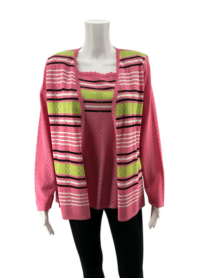 Misook pink/lime Long Sleeve Pink &amp; Lime Green Striped Knit Cardigan &amp;amp; Tank Top Set Size Small - Size S
