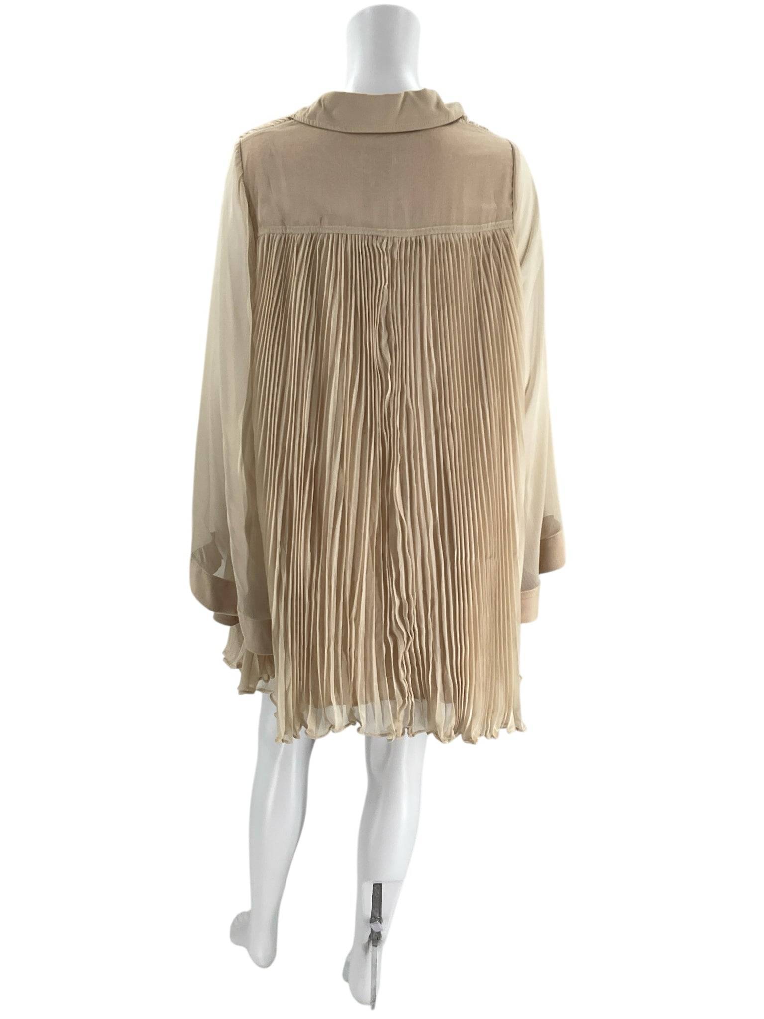 Maeve Dress Size Medium from Margaret’s Fine Consignments, neutral pleated mini dress with long sleeves, new with tags, back view.