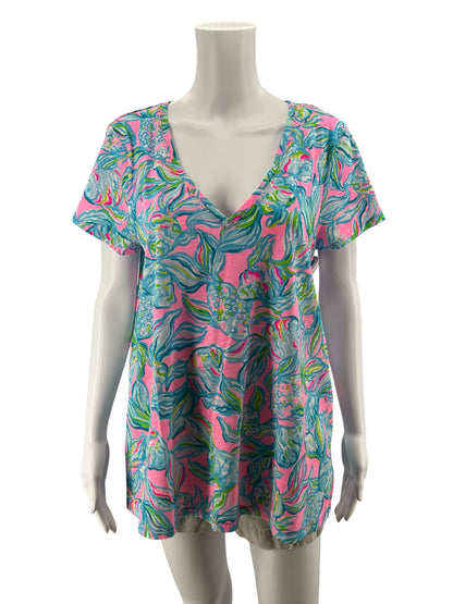 Lilly Pulitzer Etta V-Neck T-Shirt Top Multi It Was All A Dream Floral Size Large