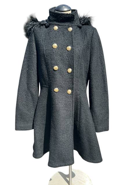 Front view of Liz Claiborne black coat size large featuring double-breasted gold buttons and fur-trimmed hood, ideal for stylish cold-weather wear.