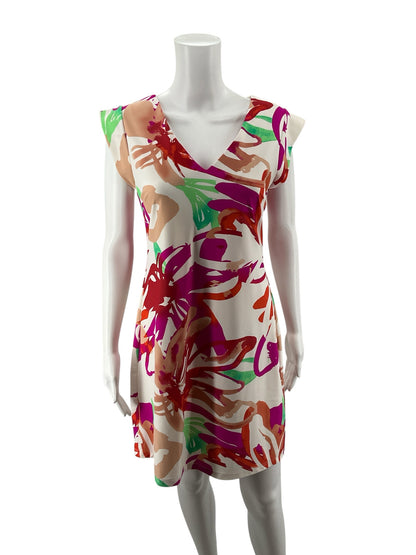Aryeh White/Pink/Green Sheath Floral Cap Sleeve V-Neck Stretch Shift Dress Size Small - Size S