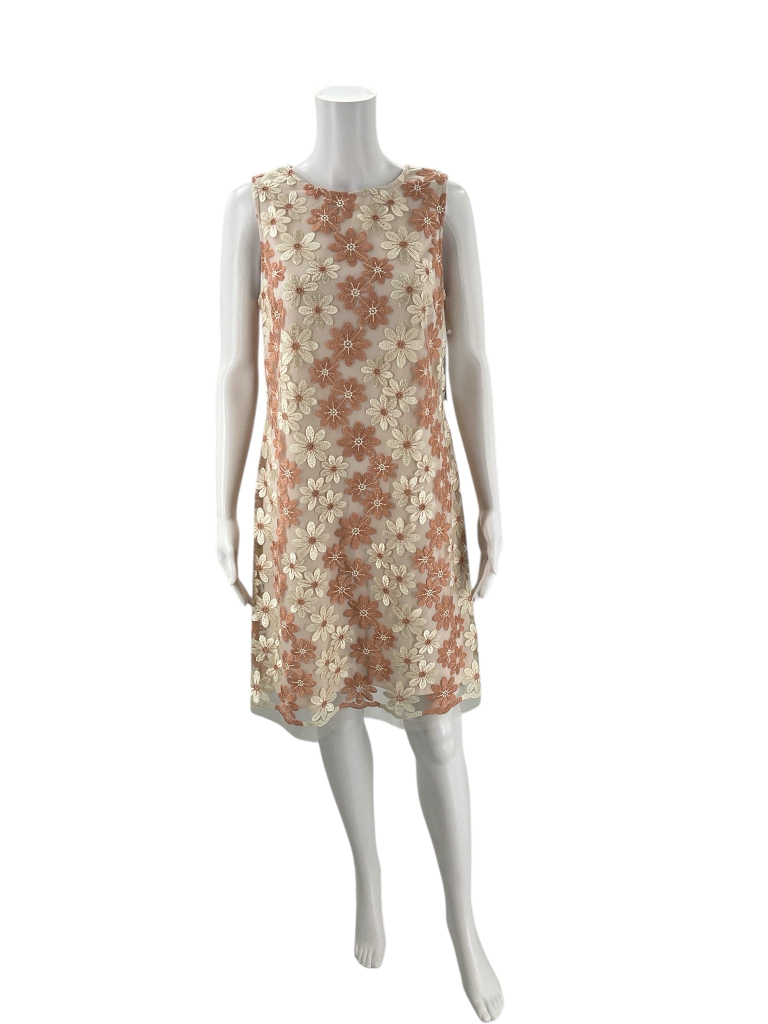 Front view of Donna Ricco Peach/Cream Floral Dress - Size 10, sleeveless with embroidered floral overlay, ideal for summer events.