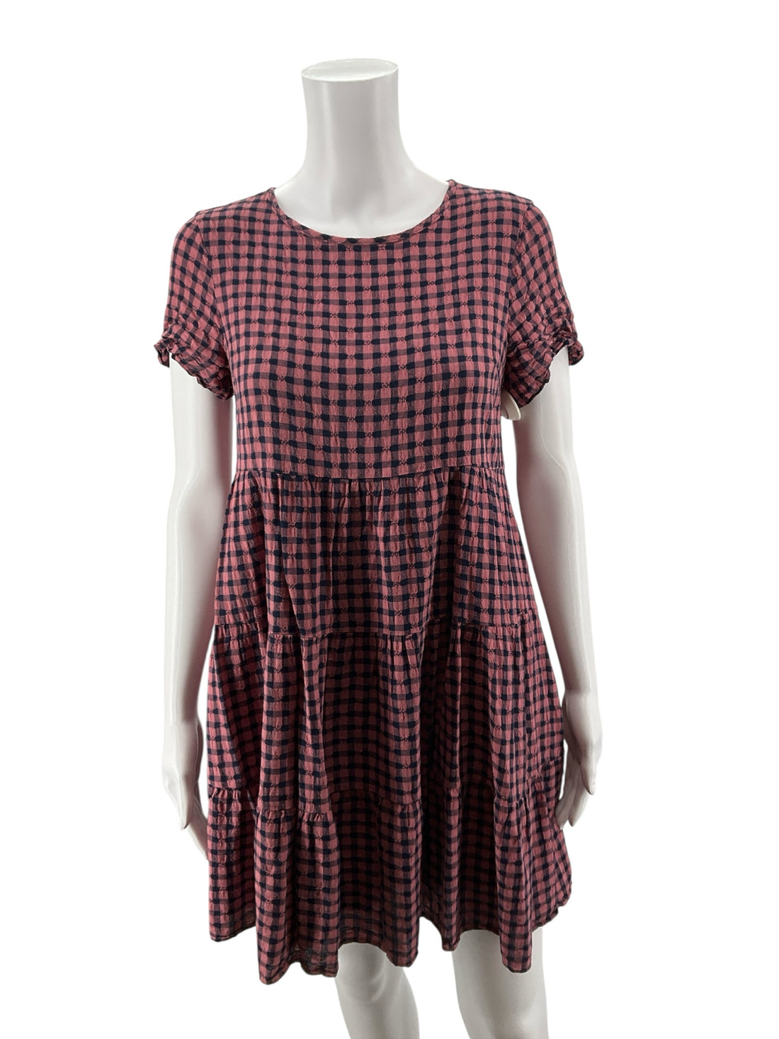 Madewell pink/navy Mini Lightspun Gingham Check Tiered Mini Dress Pink Navy Blue Size Small - Size S