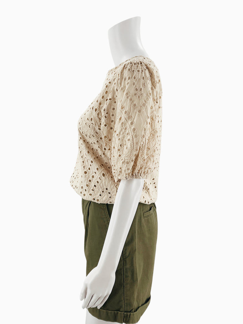 Urban Romantics Tan Eyelet Pre-Owned Ladies Top - Size Medium - Margaret’s Fine Consignment
