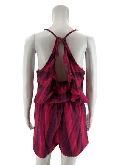 Amadi Anthropologie Tiered Striped Romper Cotton Linen Pink Purple XS