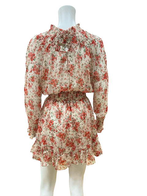 MISA Cream/red Mini Los Angeles Savanna Floral Smocked Mini Dress Cream Red Size Small - Size S