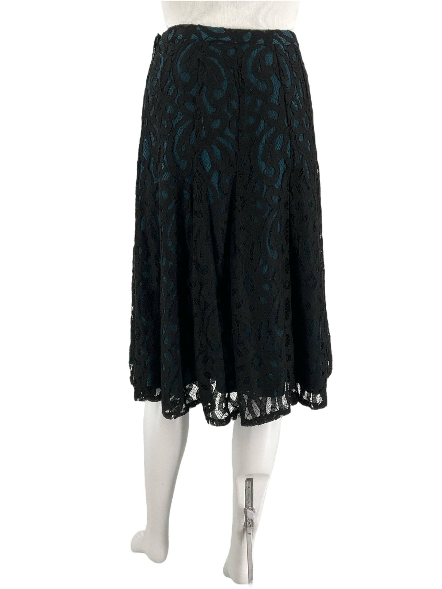 Back view of Coldwater Creek Skirt Size 8 Petite featuring intricate black lace overlay with turquoise lining, available at Margaret's Fine Consignments.