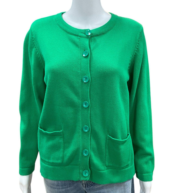 Front view of Leo & Nicole green solid cotton top in Petite Large with button-down closure and front pockets, sold at Margaret's Fine Consignments.