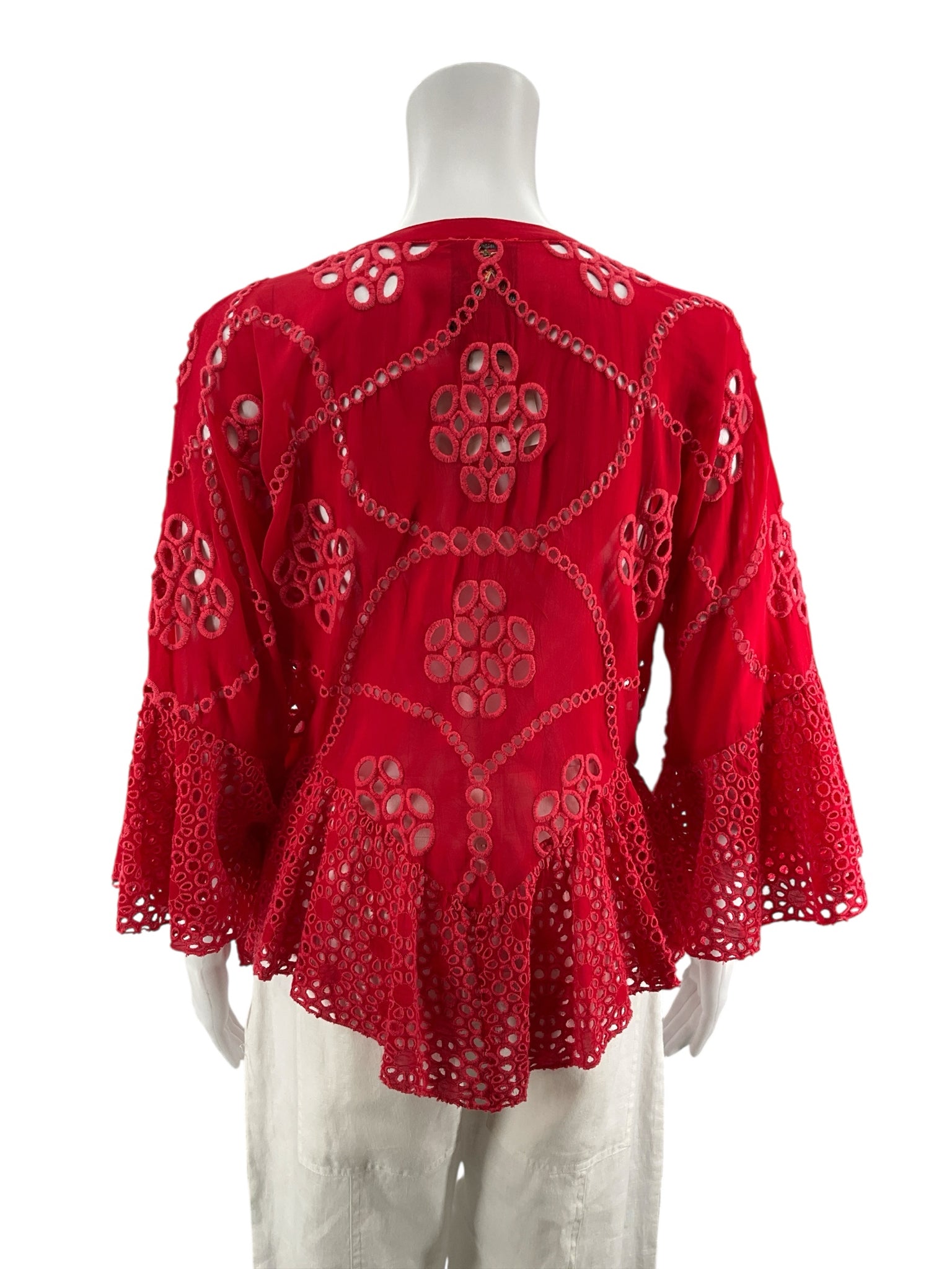 Johnny Was Tivva Red Eyelet Bohemian Tunic Top Size XS