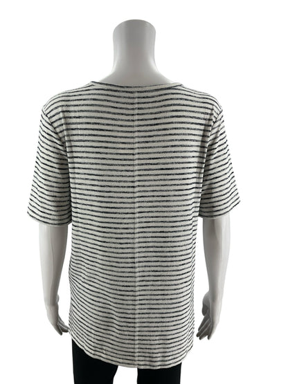 White and blue striped Banana Republic short sleeve ladies top in boxy fit, size small, featuring a classic Breton style.