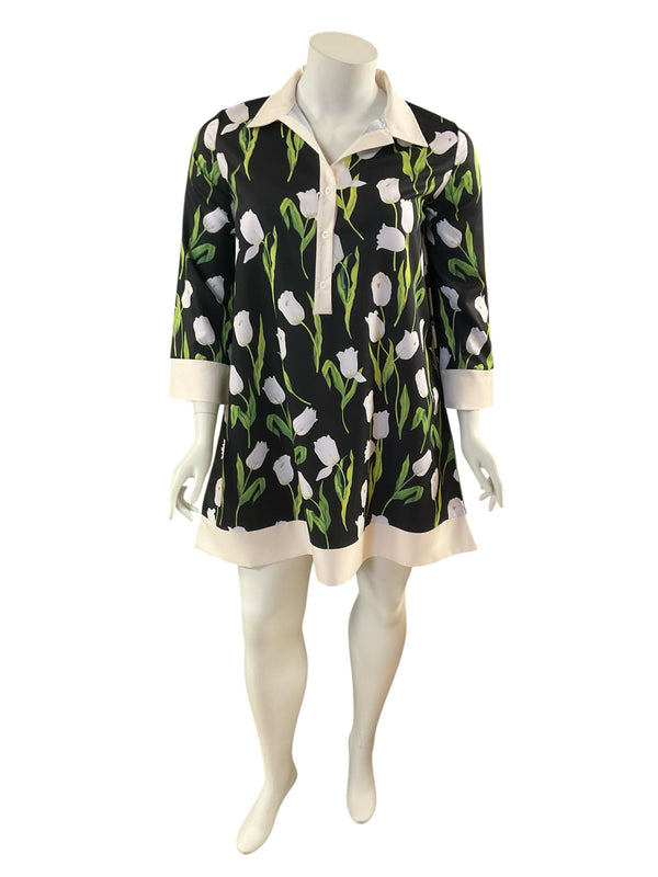 Pre-owned Uoozee tulip print shift dress in black with cream collar and cuffs, displayed on mannequin. Size XL, ideal for casual or career wear.