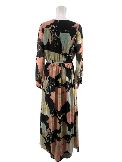 Lulus black/coral/aqua Maxi Still the One Black Floral Long Sleeve Maxi Dress Size Medium - Size M