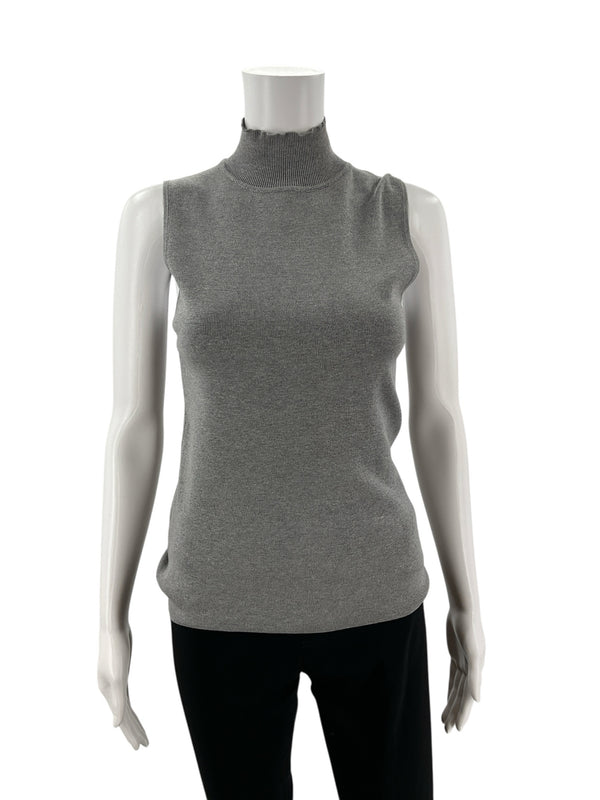 Front view of Chico's gray mock neck sleeveless sweater shell in size small, featuring a fitted silhouette and soft knit texture.