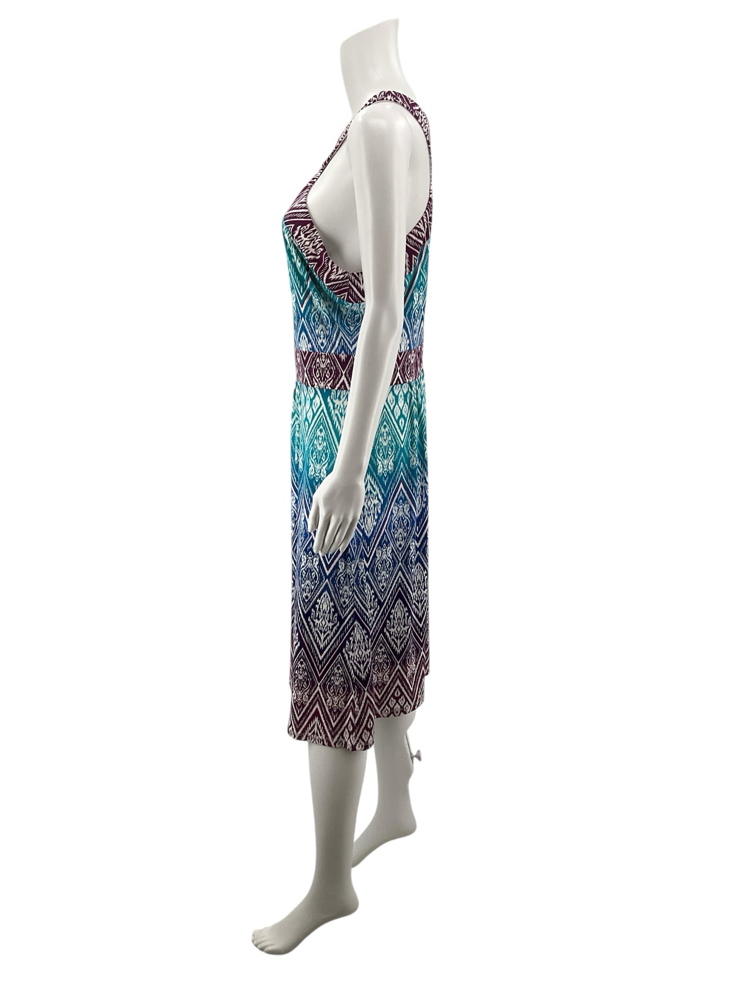 Wisp Ikat Print Dress Size 12 Aqua Purple Empire Waist X-Back Sleeveless