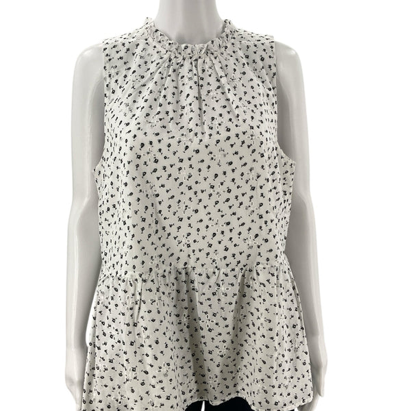 Loft White/Black Top | Pre-Owned Size Large sleeveless blouse with floral print and gathered neckline, ideal for casual or office wear.