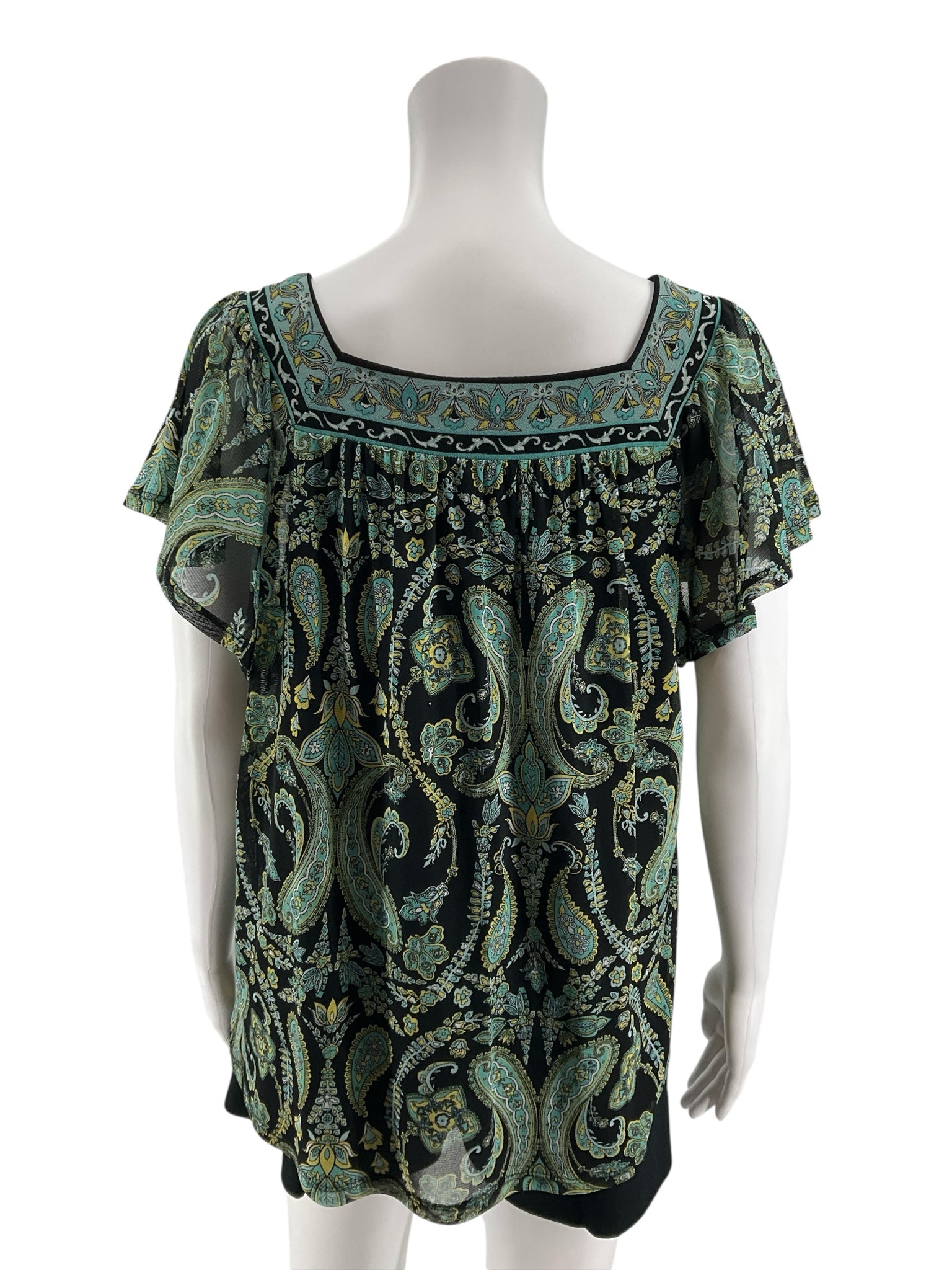 Apt. 9 Petite Large Paisley Embroidered Flutter Sleeve Blouse Black Turquoise
