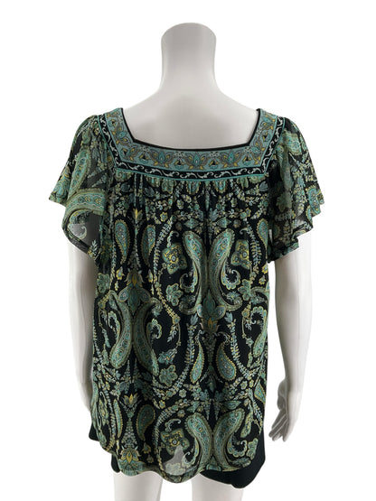 Apt. 9 Petite Large Paisley Embroidered Flutter Sleeve Blouse Black Turquoise