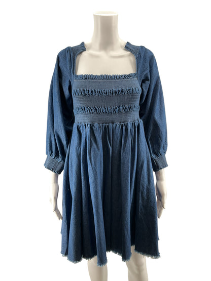 En Saison Denim Smocked Puff Sleeve Mini Dress Blue Medium