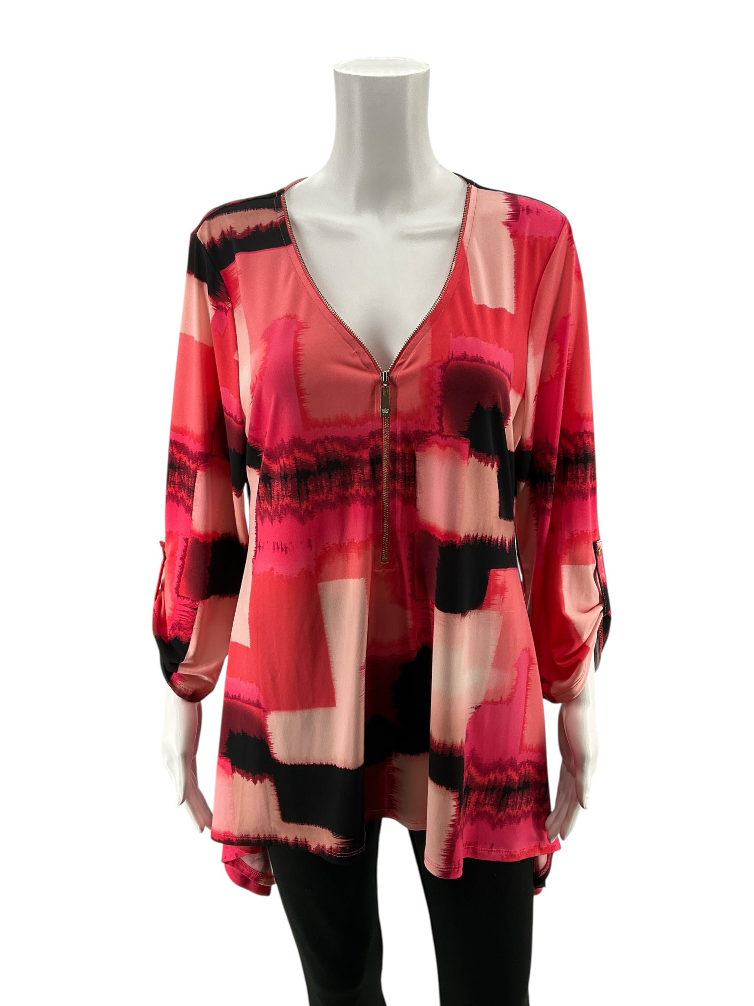 Chaus New York Abstract Print Zipper V-Neck Tunic Top Size XL