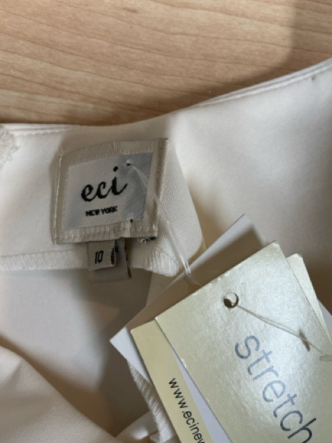 Brand label of Eci White Solid Sleeveless Pre-Owned Ladies Dress - Size 10 showing Eci New York tag and attached stretch fabric tag.