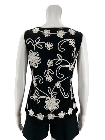 Lauren Michelle Black &amp; White Floral Applique Sleeveless Top Size Medium