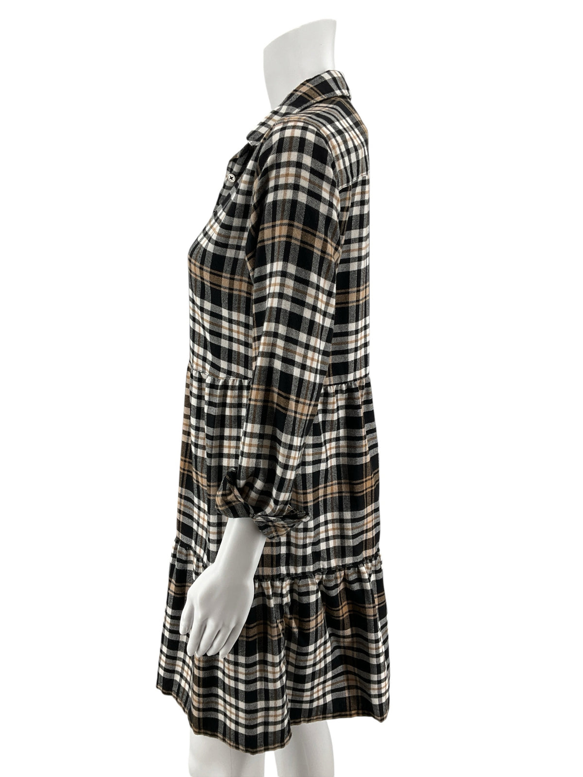 LOFT Plaid Tiered Shirtdress Tan Black Viscose Blend Size XS