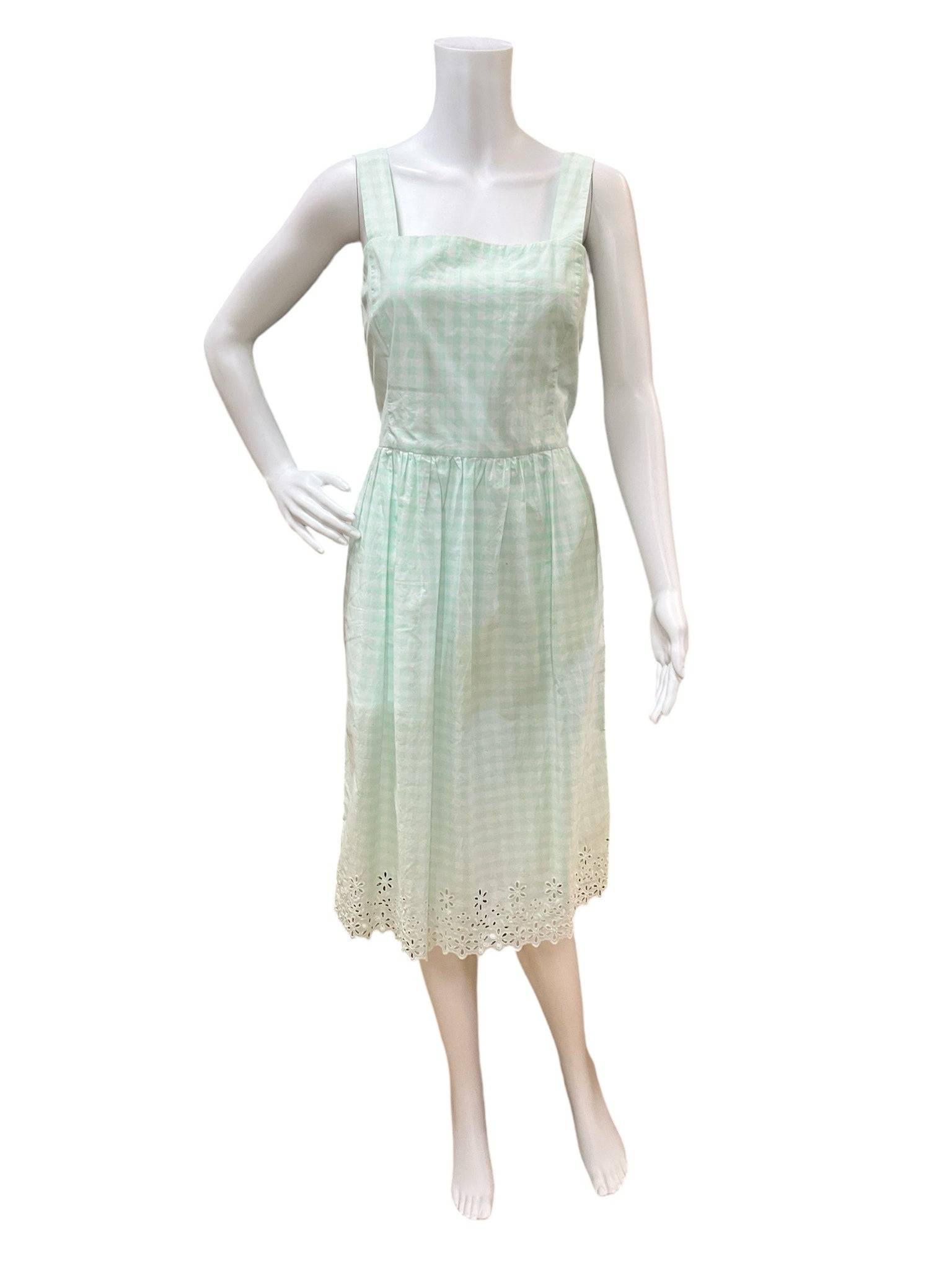 Draper James Dress Size 6 in white and mint checkered pattern with eyelet hem, sleeveless and perfect for spring at Margaret’s Fine Consignments.