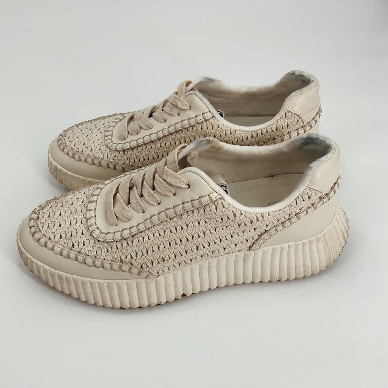 Shu Shop Beige Sneakers Size 8.5 with textured woven panels and rubber soles, pre-owned casual style for women in neutral tones.