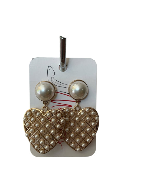 Faux Pearl &amp; Gold-Tone Lattice Heart Drop Earrings