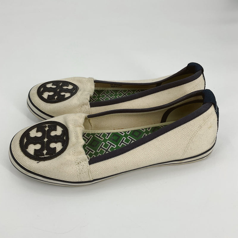 Tory Burch Cream/Navy Logo Pre-Owned Ladies Flats - Size 6 - Margaret’s Fine Consignment