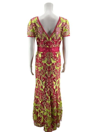 Marchesa Notte Bird &amp;amp; Floral Embroidered Lace Gown Pink Green Size 6 - ONLINE ONLY
