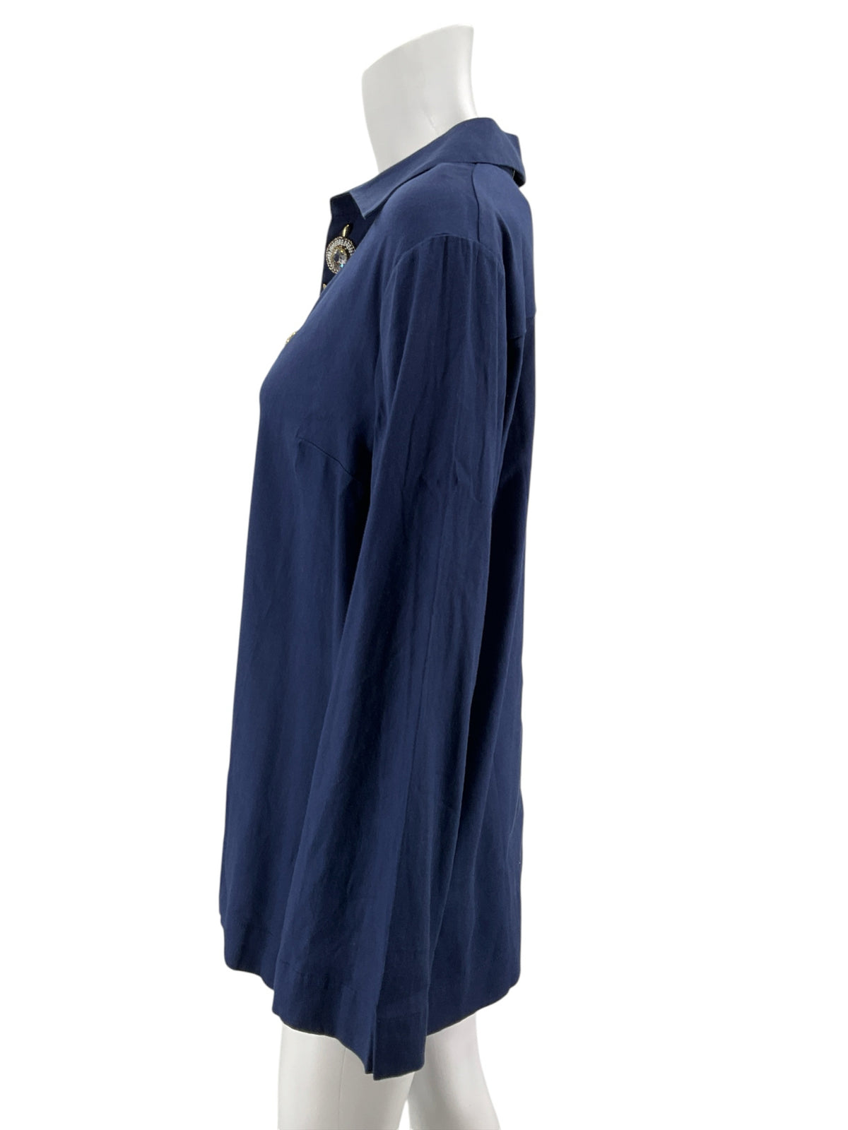 Lilly Pulitzer Kenna Tunic Top Navy Gold Embellished V-Neck Linen Blend Size L - Downstairs