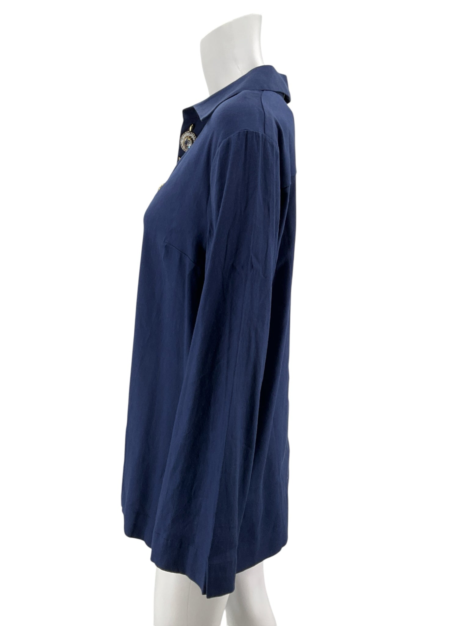 Lilly Pulitzer Kenna Tunic Top Navy Gold Embellished V-Neck Linen Blend Size L - Downstairs