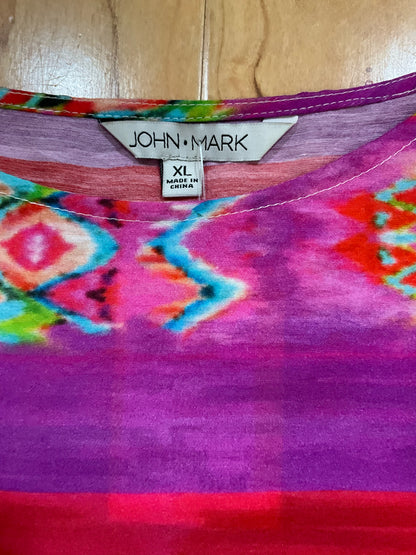 John Mark Floral Patchwork Boho Tunic Top Embroidered 3/4 Sleeve Blouse Size XL