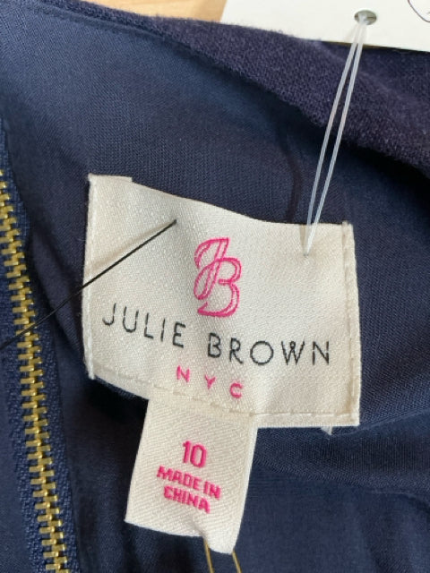 Brand label of Julie Brown NYC dress, size 10, made in China, attached to navy and white striped preppy sheath dress.