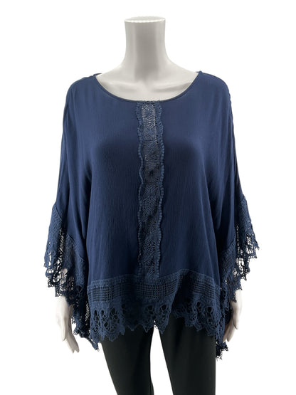 Katja Navy Blue Lace Poncho Top Boho Handkerchief Hem Blouse Size 2XL