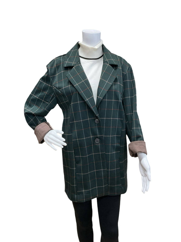 Avec Les Filles green and red plaid jacket in size medium with rolled cuffs and button front, available at Margaret's Fine Consignments.