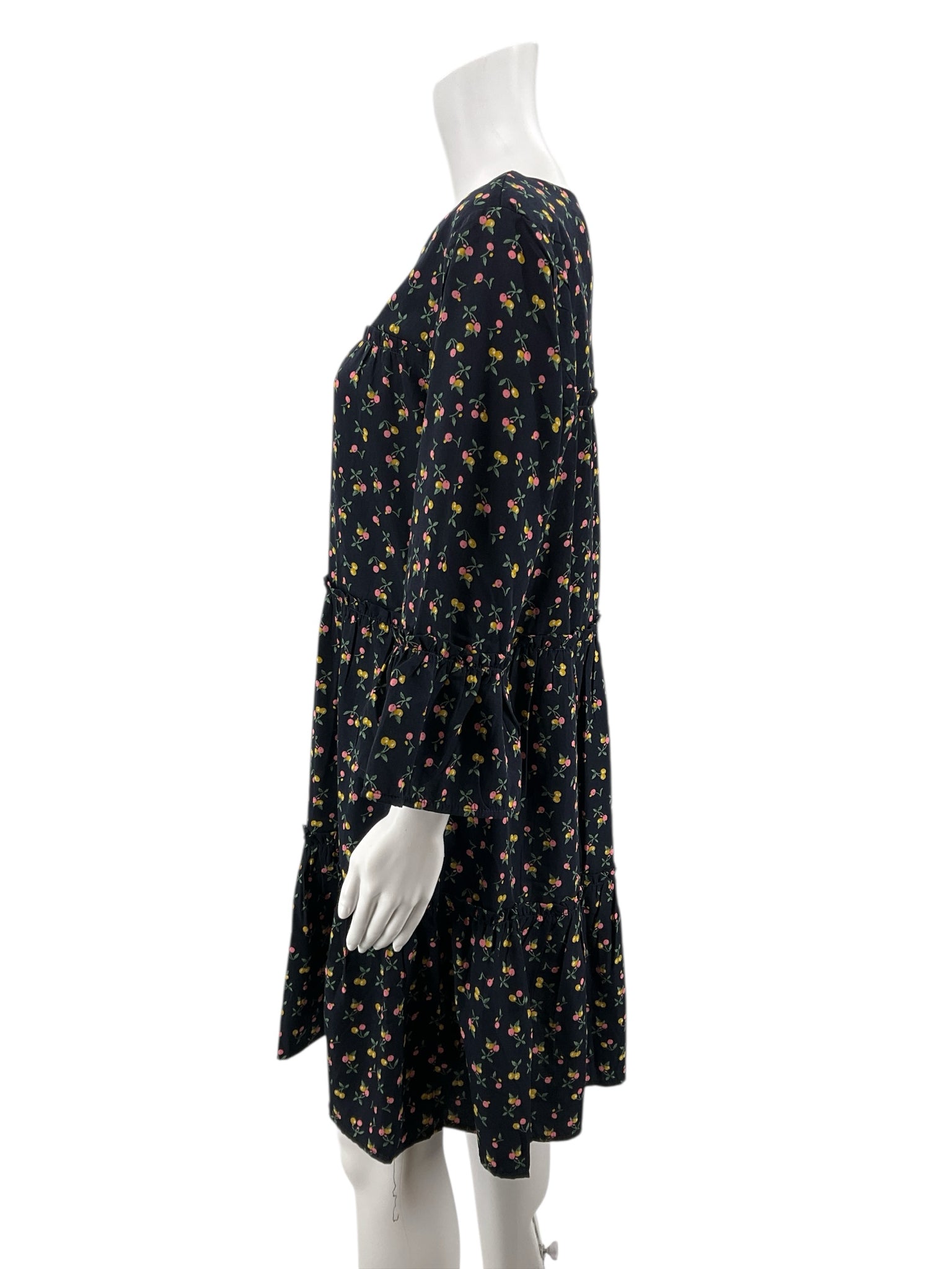 Suzanne Betro Navy Cherry Print Tiered Babydoll Dress Size Medium