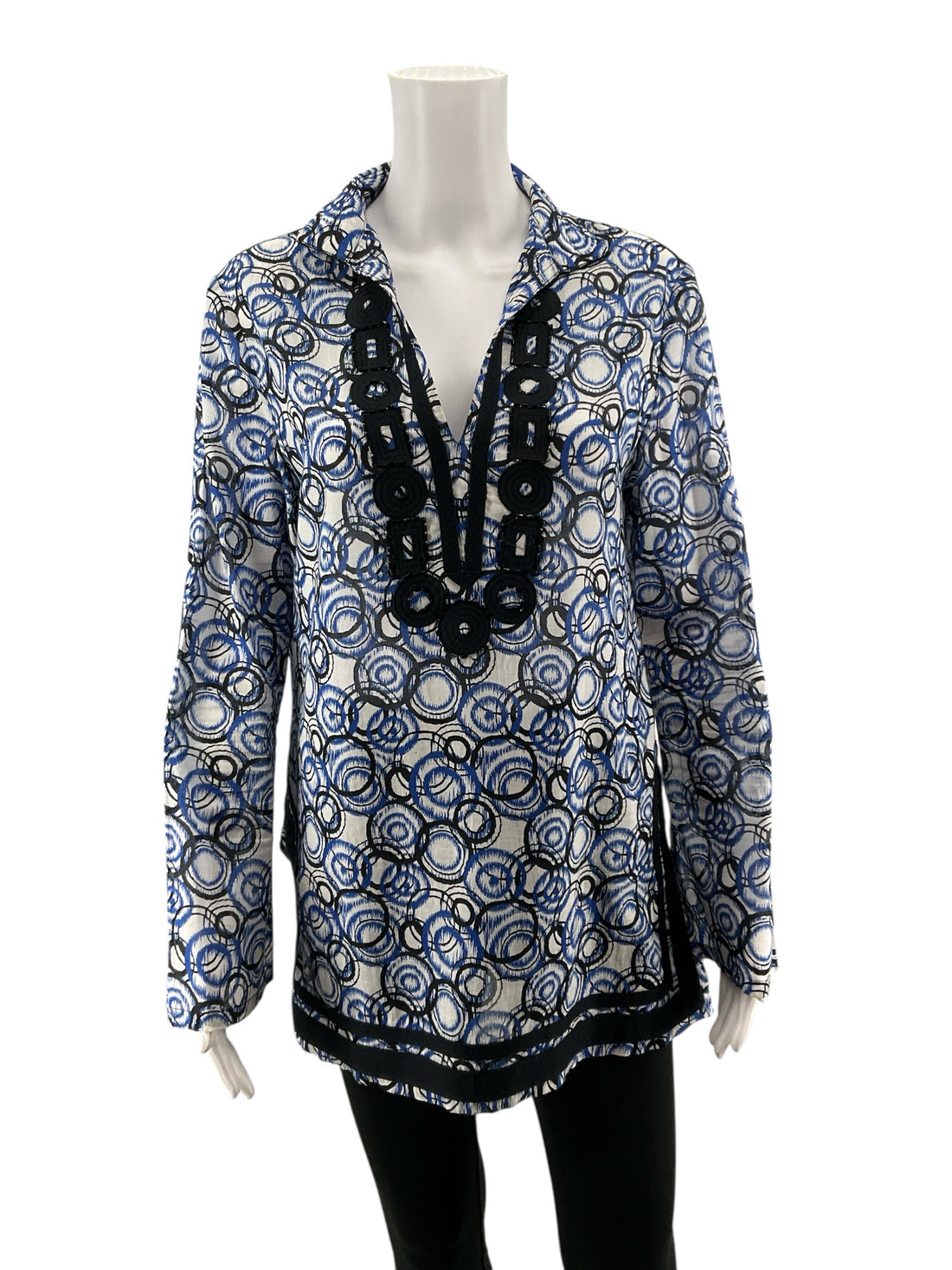 MICHAEL Michael Kors Blue &amp; White Scribble Circle Print Cotton Tunic Top Size Medium