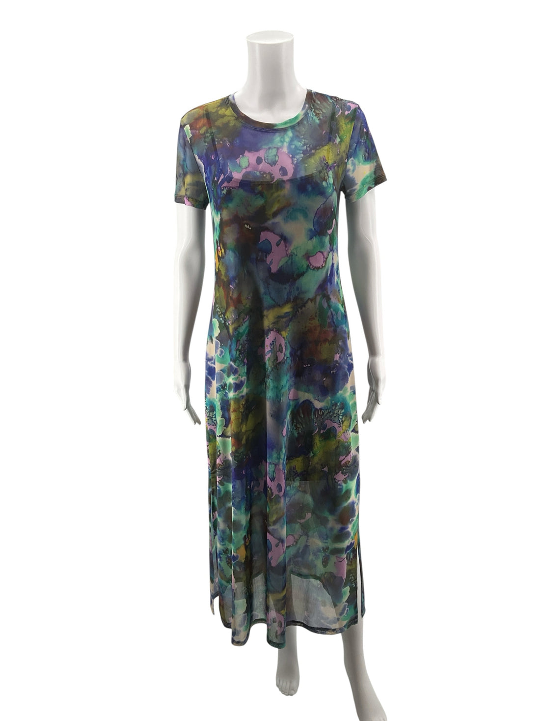 Steve Madden purple/green/blue Maxi Abstract Watercolor Mesh Overlay Midi Dress Size Medium - Size M